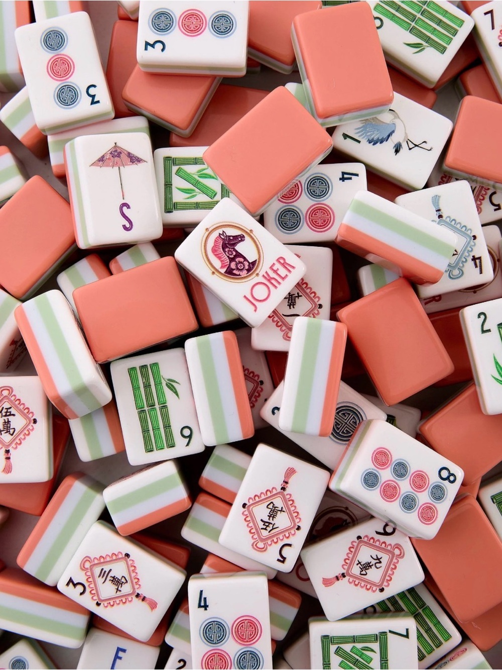 Coral Pink, Green and Light Blue Mahjong Tiles